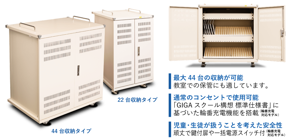 最大44台の収納が可能 ― 教室での保管にも適しています。通常のコンセントで使用可能 ― 「GIGAスクール構想標準仕様書」に基づいた輪番充電機能を搭載。児童・生徒が扱うことを考えた安全性 ― 頑丈で鍵付扉や一括電源スイッチ付。